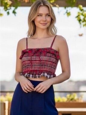 English Factory Red Plaid Smocked Ruffle Camisole Top
